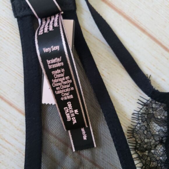 Victoria's Secret Eyelash Lace Mesh Keyhole Front Halter Bralette Black Medium - Picture 9 of 11